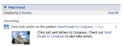 Actions appear in users' Facebook news feeds.